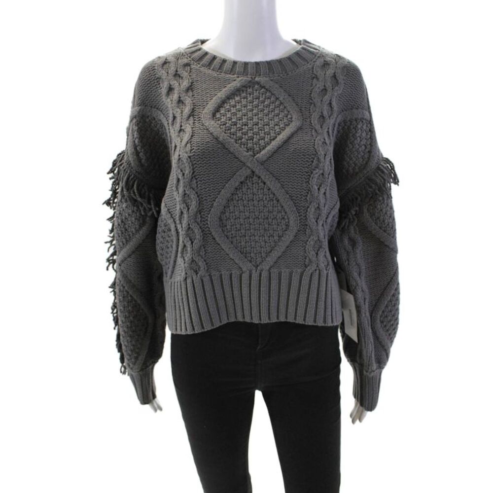 Line And Dot Womens Cotton Blend Fringe Trim Round Neck sweater Top Gray Size S
